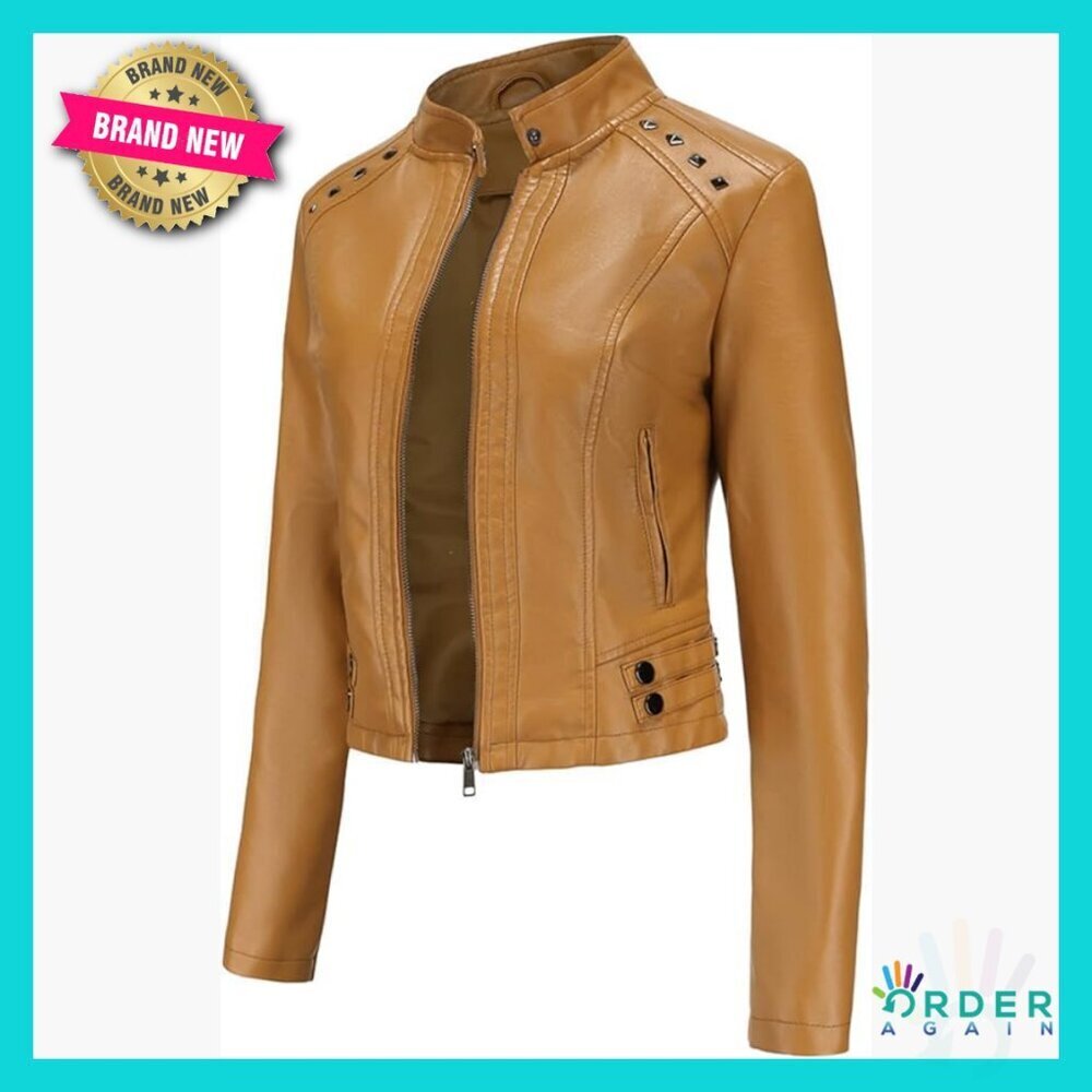 Faux Leather Moto Biker Jacket Vintage Classic Fit Edgy Zipper Details